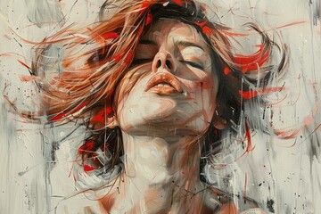 Chica con el pelo al viento, podemos ver su clavícula, pintura al óleo, muy similar a la imagen de referencia, Ewa Hautin, pintura, impresionismo, revolución, movimiento, fondo de color blanco y un po