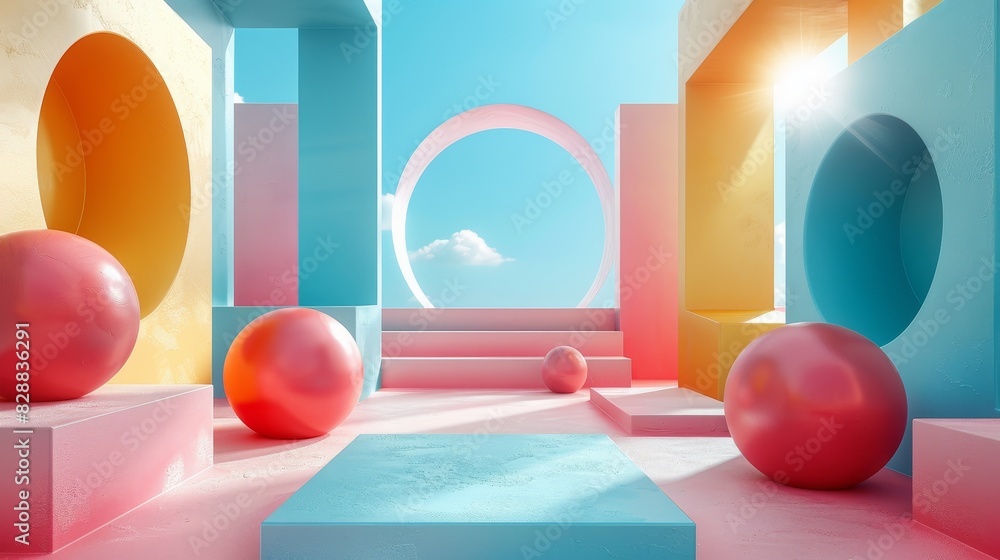 Poster vibrant geometric play: dynamic three-dimensional shapes interconnected in artistic composition