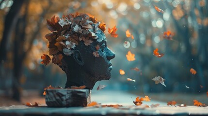 Autumn Leaves Falling on Sculpture in Mystical Forest Setting. Generative ai