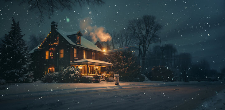 A classic winter scene of a historic home at night, snow falls and the fireplace is roaring, chimney smoke. A Currier and Ives inspired winter holiday vignette, widescreen, street, gentle, cozy