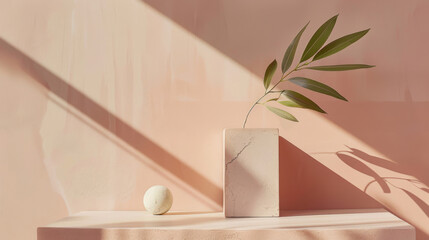 Fototapeta premium A vase with a leaf in it sits on a shelf next to a white ball