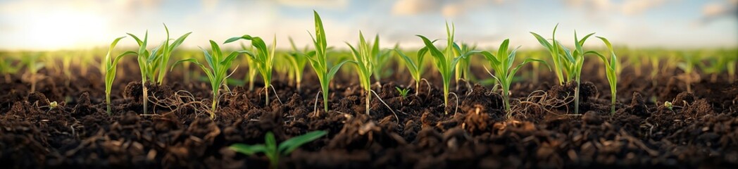 A panoramic view of Sorghum sprouts growing in the soil, with roots visible and green leaves showing signs of life. The background is blurred to emphasize the foreground.