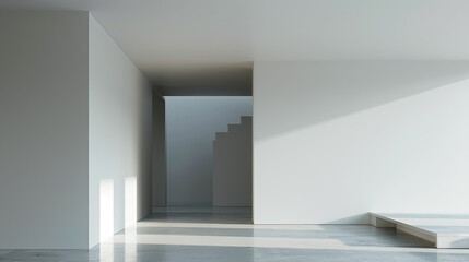 A white room with a staircase and a bench