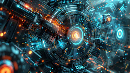 Obraz premium Realistic depiction of technology and engineering featuring a blend of futuristic machinery and digital interfaces glowing energy sources and circuitry