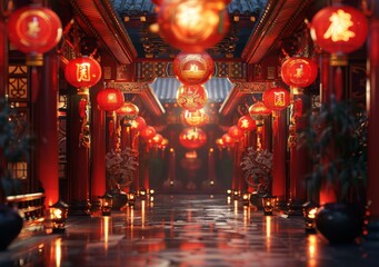 Obraz premium Night View of Ancient Chinese Architecture in a Corridor