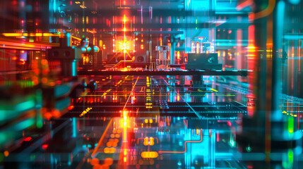 Fototapeta premium Reflection Photo of Quantum Computing Experiment, in a Scientific Laboratory, with Glass Surfaces and Neon Lights, from a Reflective Angle, Symbolizing Insight and Innovation