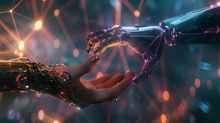 Surreal yet detailed imagery portraying the harmonious convergence of human touch and machine intelligence