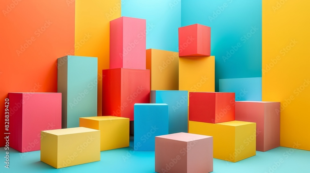 Poster dynamic arrangements of vibrant three-dimensional colorful blocks in playful photography