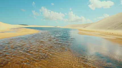 Lencois Maranhenses National Park. A dazzling landscape of dunes and rain lakes. Natural rainwater pool in white sand desert. Nature and travel concept.