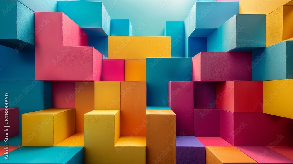 Poster playful geometry: dynamic arrangements of colorful 3d blocks