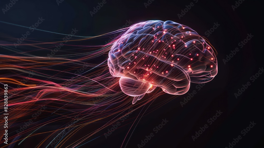 Poster an artistic rendering of a human brain with electrical impulses and light trails, symbolizing neural