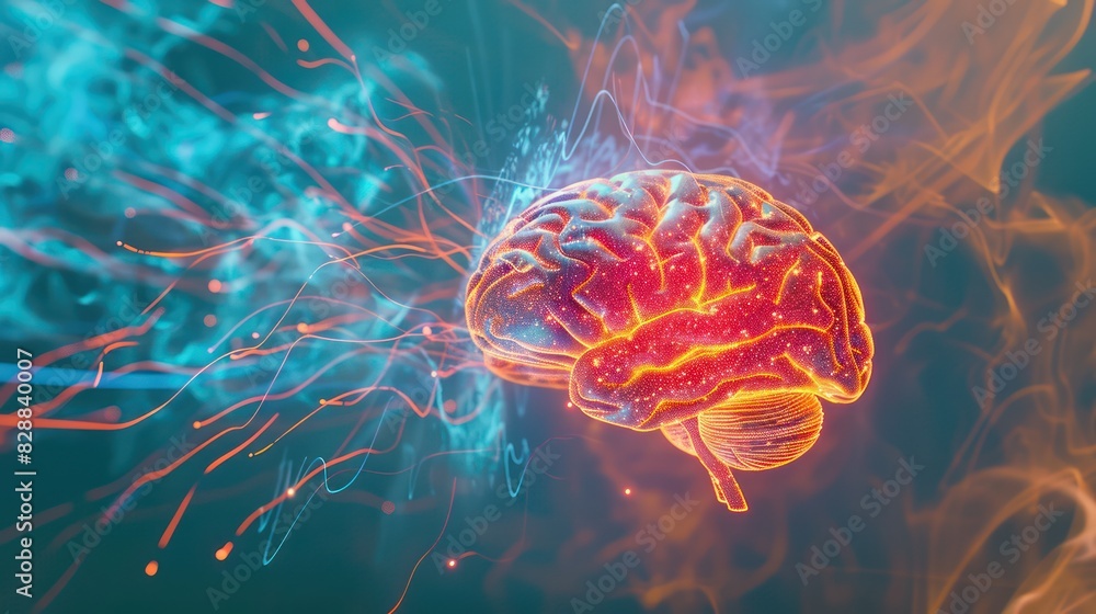 Poster an artistic rendering of a human brain with electrical impulses and light trails, symbolizing neural
