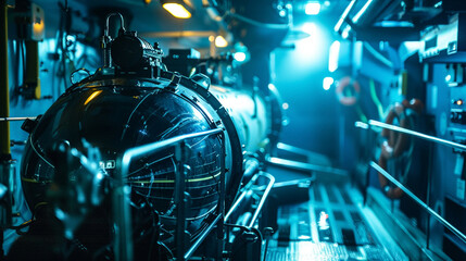 Underwater Photo of AI in Oceanography, in a Research Submarine, with Submerged Lighting, from an Underwater Angle, Exploring AI's Role in Marine Exploration