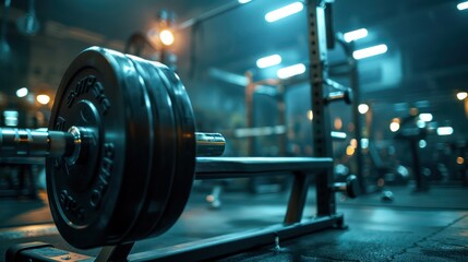 An artistic shot of a barbell loaded with heavy plates, resting on a squat rack, with soft focus on the background of the gym 