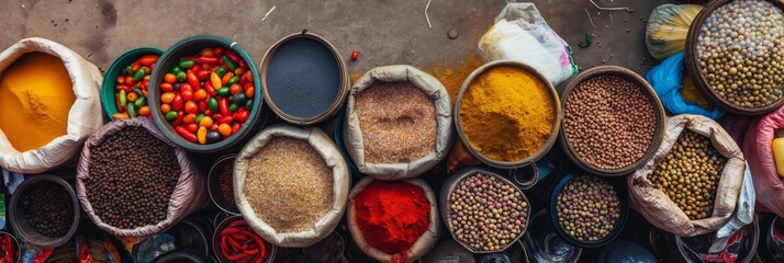 An array of colorful spices and legumes arranged in baskets at a market, showcasing culinary diversity