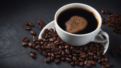 Fototapeta premium white coffee cup filled with black coffee on a saucer