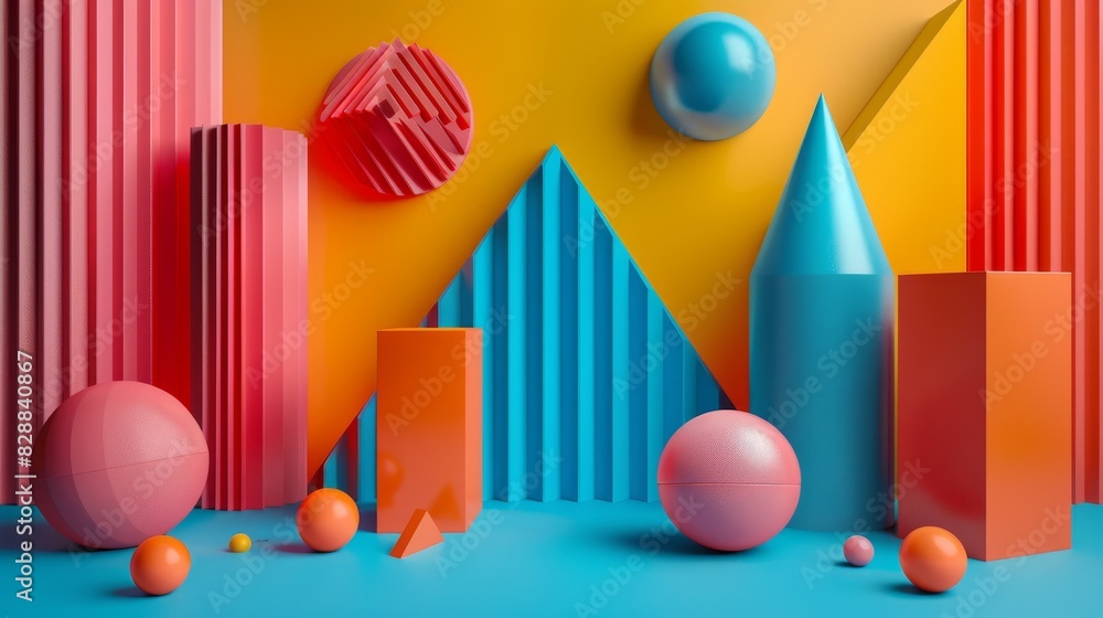 Aufkleber dynamic arrangement of playful 3d geometric shapes in vibrant colors creating abstract photographic 