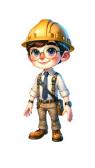 Animated young boy in construction attire and glasses, wearing a yellow hard hat, ready for work with a confident smile.
