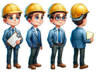 Cartoon construction engineer character in hard hat and suit, front and back view poses, holding clipboard and making notes.