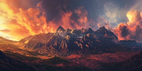 Naklejka premium Majestic mountains under a fiery sky at sunset, evoking awe and the power of nature