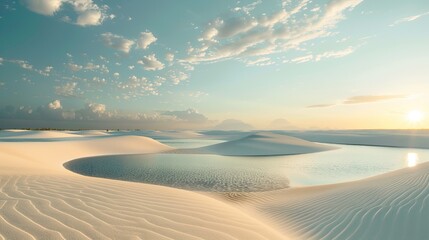 Lencois Maranhenses National Park. A dazzling landscape of dunes and rain lakes. Natural rainwater pool in white sand desert. Nature and travel concept.