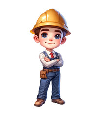 Cartoon young engineer in a hard hat with crossed arms, representing construction, engineering, and safety themes.