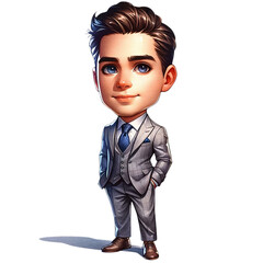Charming cartoon businessman character in a gray suit, confidently posing with hands in pockets. Ideal for professional or business use.