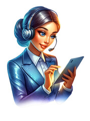 Professional woman in a blue suit using a digital tablet with headphones, representing business communication, technology, and customer service.