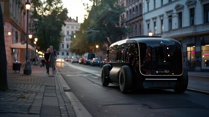 Autonomous electric vehicle navigating smart city streets using advanced sensors and machine learning algorithms.