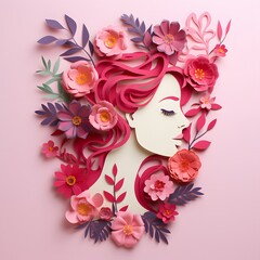 Naklejka premium A beautiful woman face with flowers. Paper cut style. Generative AI.