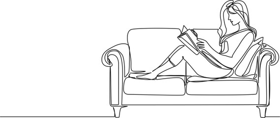 continuous single line drawing of woman relaxing on sofa while reading a book, line art vector illustration