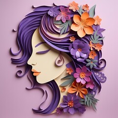 Naklejka premium A beautiful woman face with flowers. Paper cut style. Generative AI.