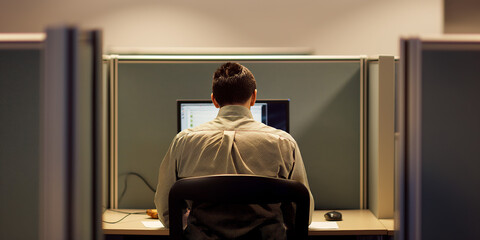 A person is seen from behind, focused on their computer screen, working in a cubicle environment that has a modern layout, promoting a culture of concentration and productivity.