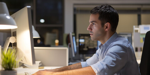 Fototapeta premium A professional seen working late at night in a quiet office, focusing intently on the computer screen amidst the glow of desk lights and illuminated screens, reflecting dedication.