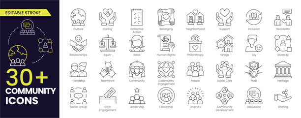 Community Stroke icon collections. Containing people, friendship, social, diversity, village, relationships, support and community development icons. Editable Stroke icon collection.