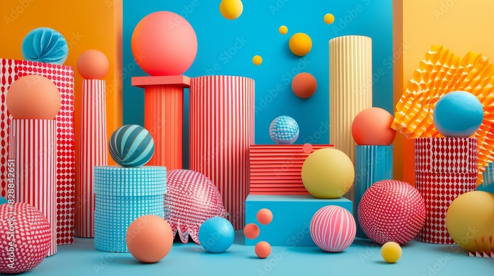 Poster triumphant geometry: dynamic and playful three-dimensional vibrant shapes in photographic fusion