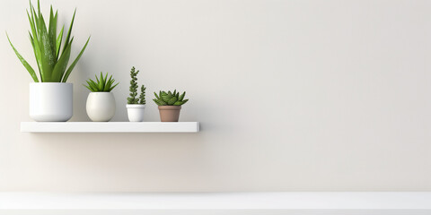 A clean white wall shelf featuring several small potted plants in minimalist containers, providing a visually appealing and simple decor that emphasizes natural beauty and order.