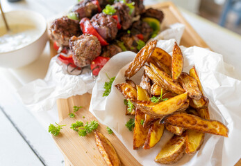 Balkan minced meat skeweres with potato wedges