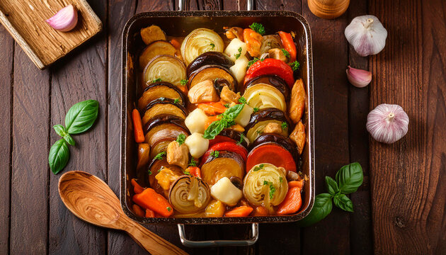 TRAVESSA DE UMA DELICIOSA RATATOUILE, PRATO TRADICIONAL DE VEGETAIS PROVEN&Ccedil;AiS FRANCESES EM FUNDO DE MADEIRA R&Uacute;STICA