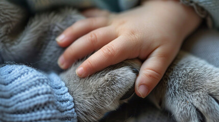 Fototapeta premium A macro shot of a family petâs paw resting in a childâs hand, showing a tender moment of bonding.