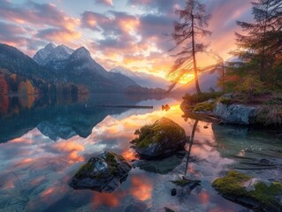 Serene Sunrise over Mountain Lake with Reflective Waters