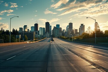 Empty highways skylines, A photo of an Empty asphalt road and a modern city, AI generated
