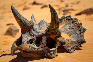 Weathered Triceratops Skull: Raw Strength and Resilience Resting on Desert Sand