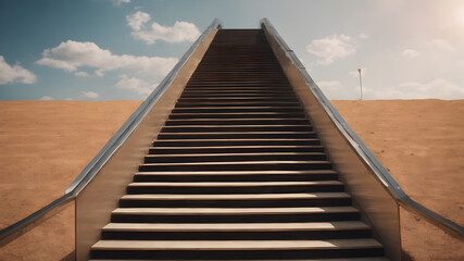 Stairs towards an open door in the sky with clouds. Ladder of Success. AI generated image, ai. ..