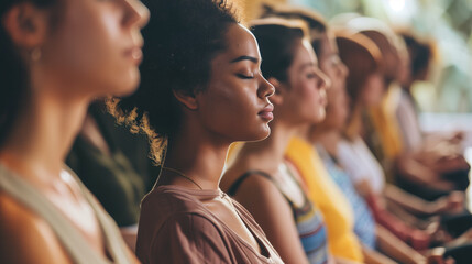 Group of diverse people meditation breathing exercise with closed eyes in yoga studio, breath work concept
