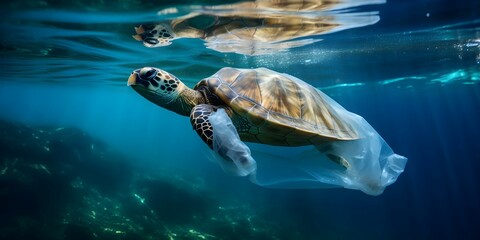 Plastic pollution harms oceans turtle trapped in plastic bag symbolizes global issue. Concept Environmental Impact, Plastic Pollution, Marine Life, Conservation Efforts, Symbolic Imagery