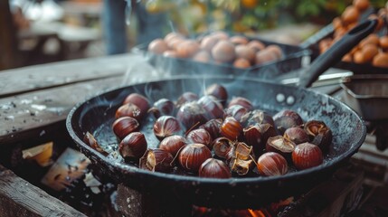 Chestnuts Cooking on a Wooden Surface