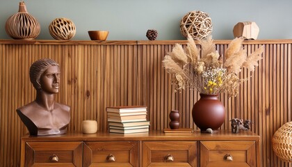Home Decor Template: Cozy Interior with Wooden Wall and Personal Accessories"
