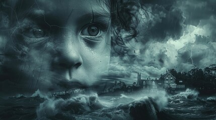 Lost in Nightmares, Surreal Poster Filled with Nightmarish Scenes Surrounding a Child's Head in an Eerie Atmosphere