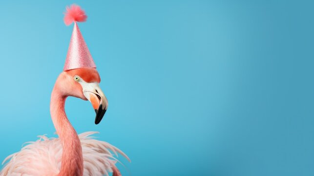 Funny flamingo with birthday party hat on blue background.